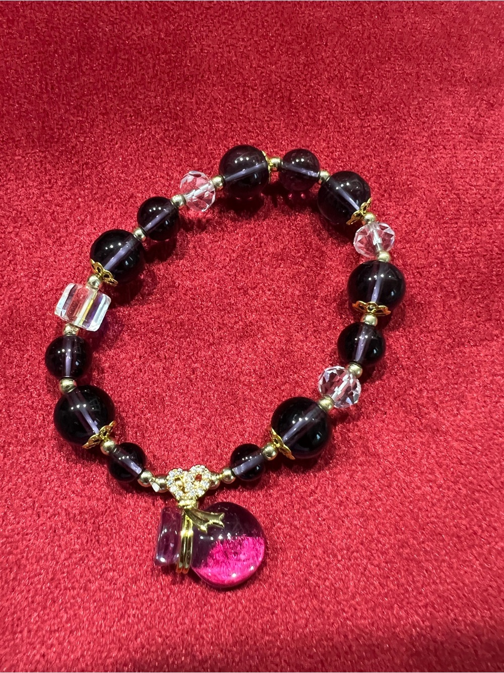 Source Unknown Black purple Bracelet with Pink Glass Pendant
